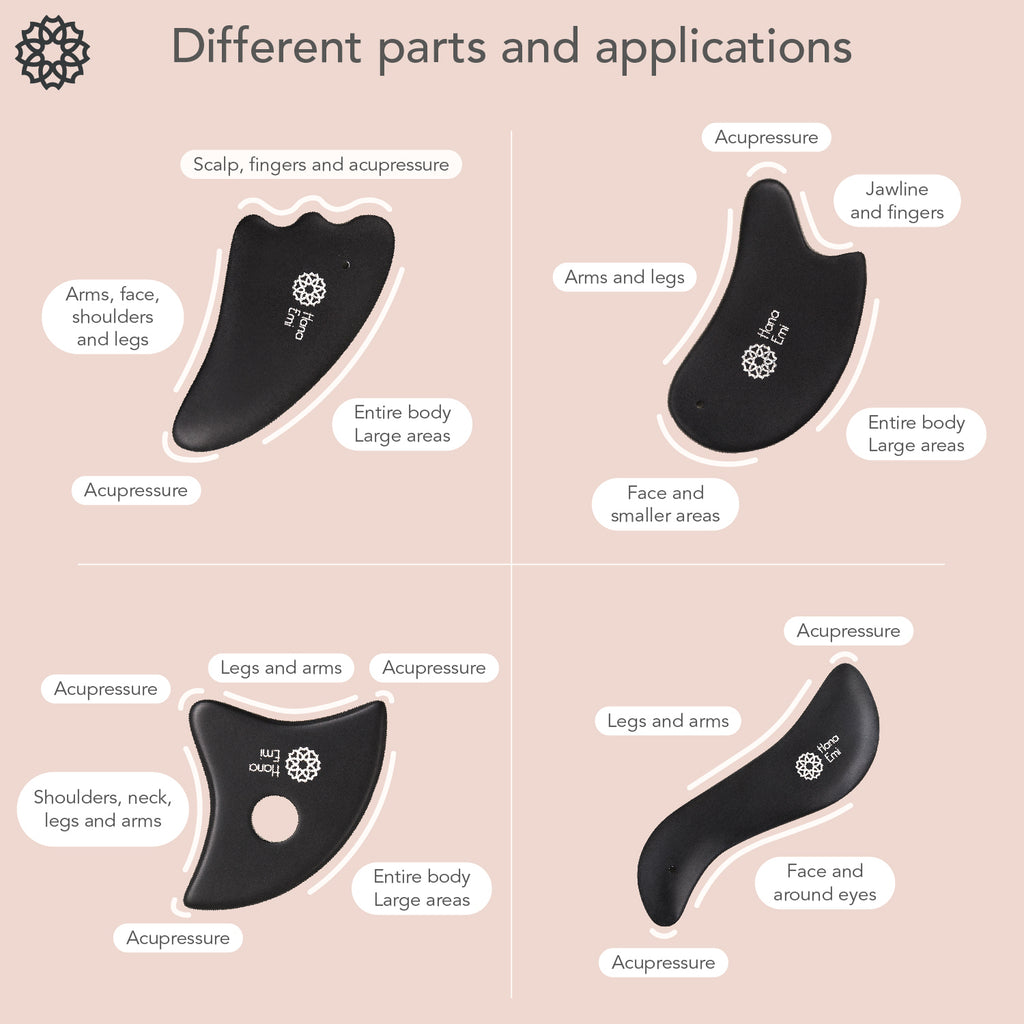 HaNaEmi Gua Sha Bian Stone Face Massage Tool Set - 4 pcs (US & EU)
