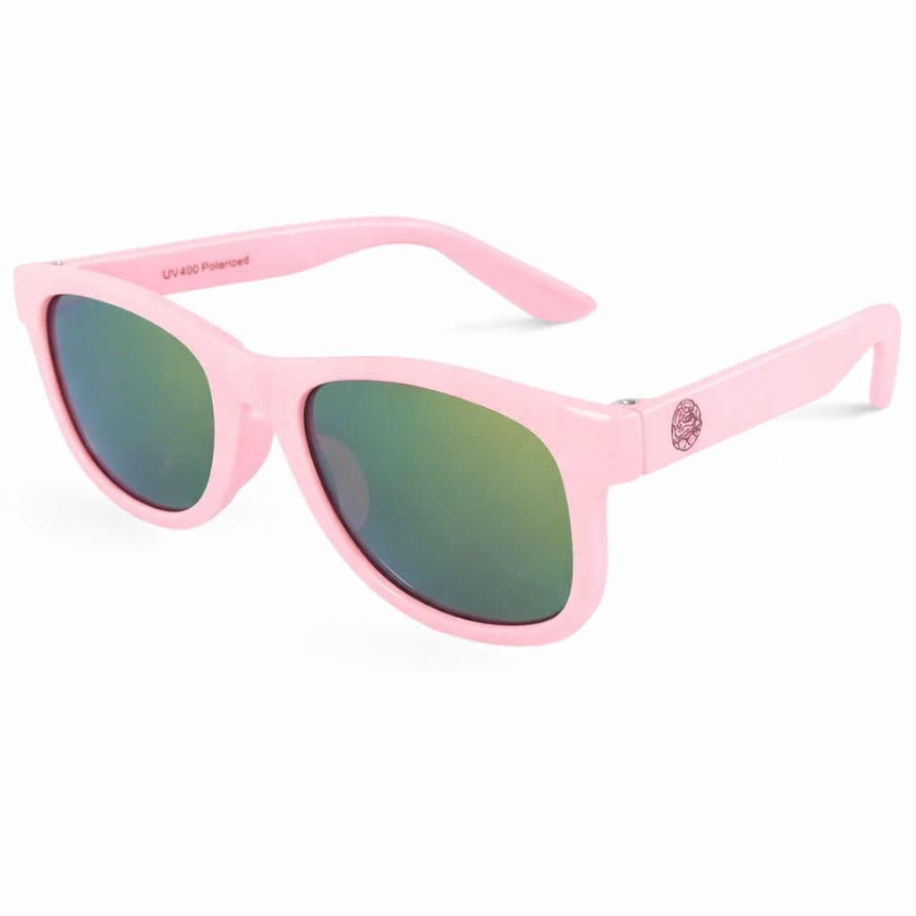 Pink sunglasses with green lenses on a white background