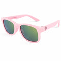 Pink sunglasses with green lenses on a white background