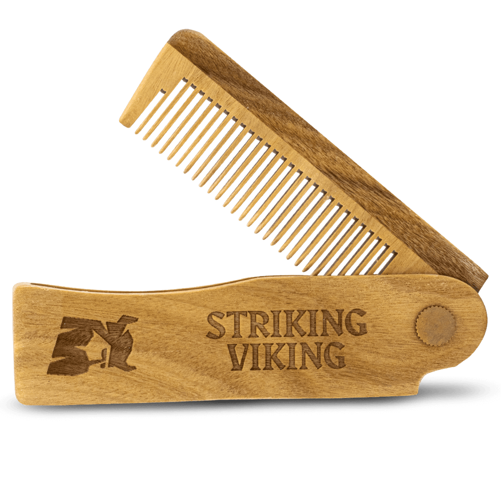 Folding Wooden Comb made from 100% sandalwood, handcrafted, switchblade style, Striking Viking.
