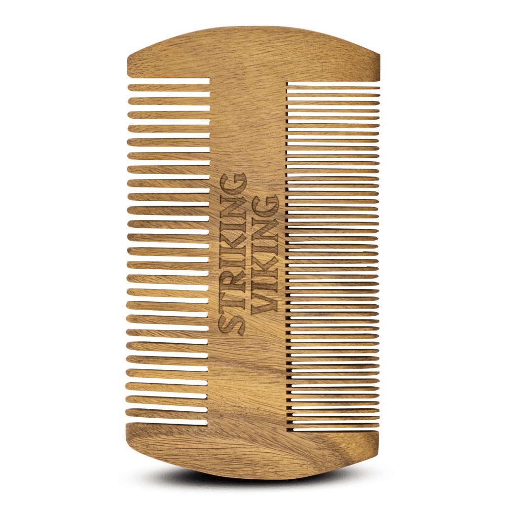 Sandalwood Wooden Beard Comb in black with dual-sided teeth for grooming.