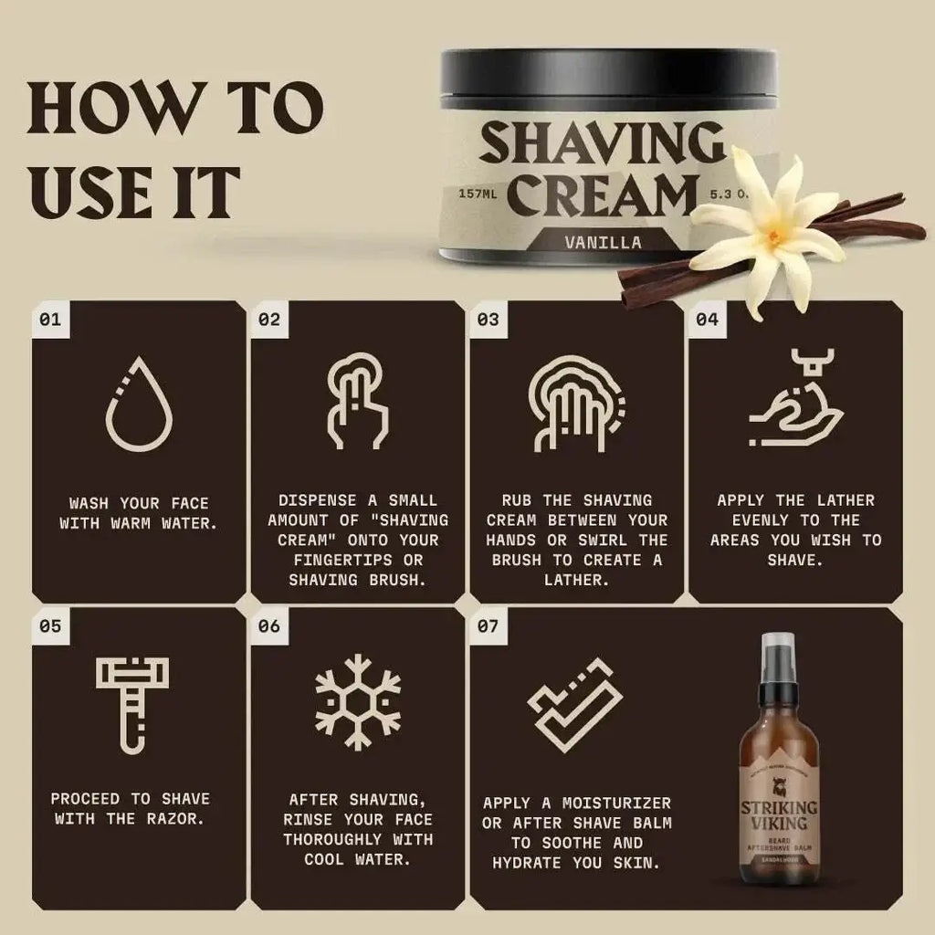 Shaving cream for men with vanilla scent, Striking Viking brand, 5.3 oz tub. Instructions for use included. Ideal for sensitive skin, creates rich lather.