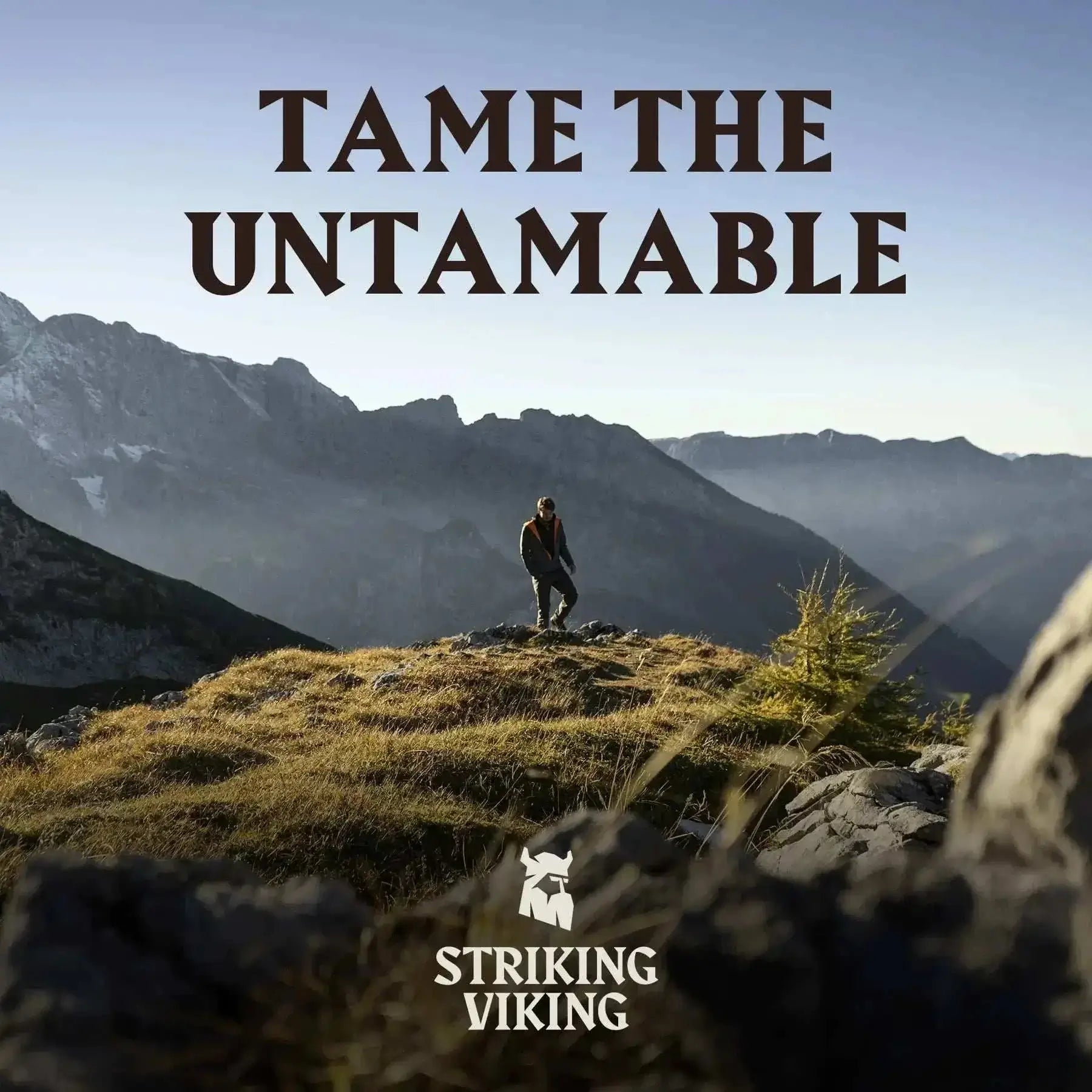 Man standing on mountain top with "Tame the Untamable" text, Striking Viking logo at the bottom.
