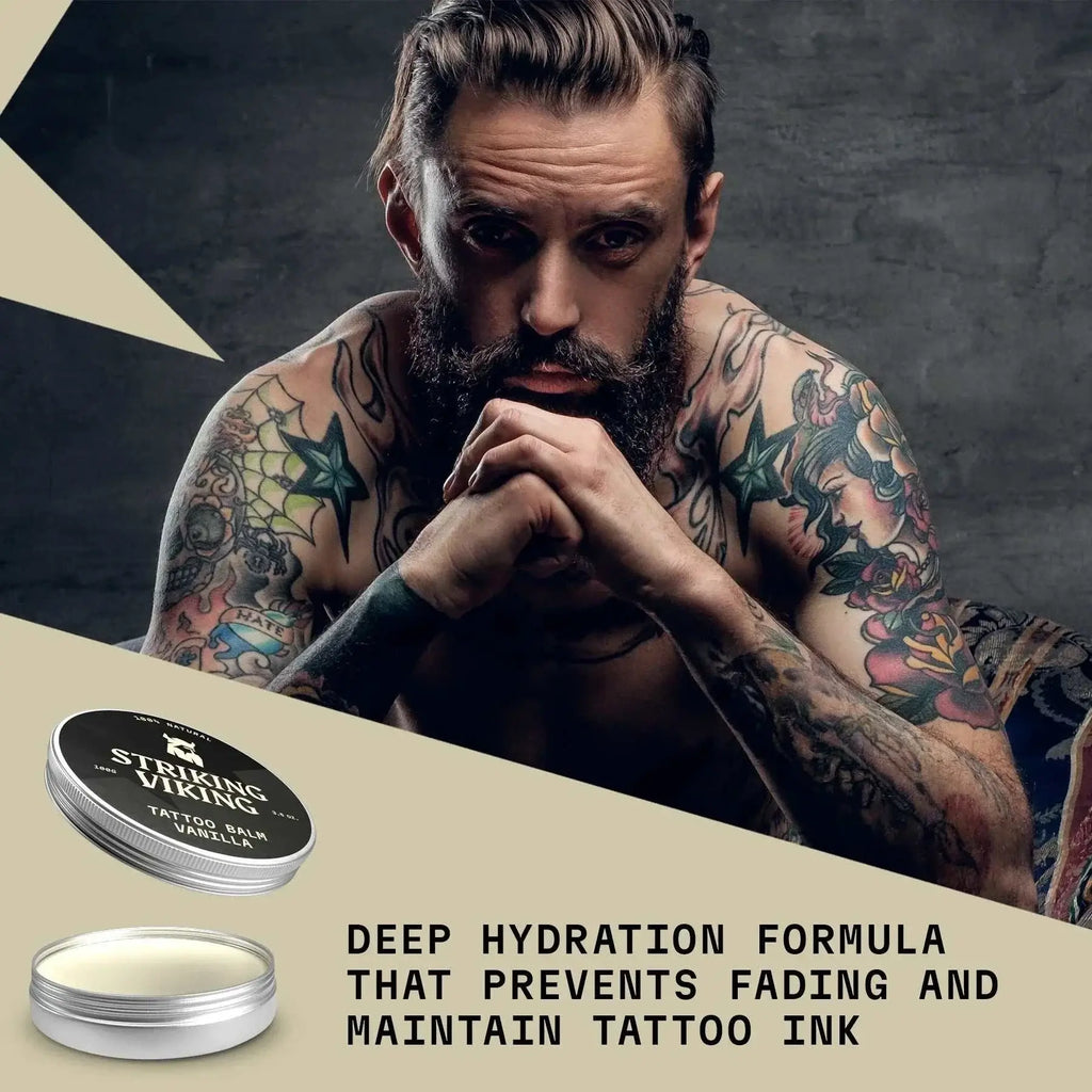 Tattoo balm for deep hydration to prevent fading and maintain tattoo ink vibrancy.
