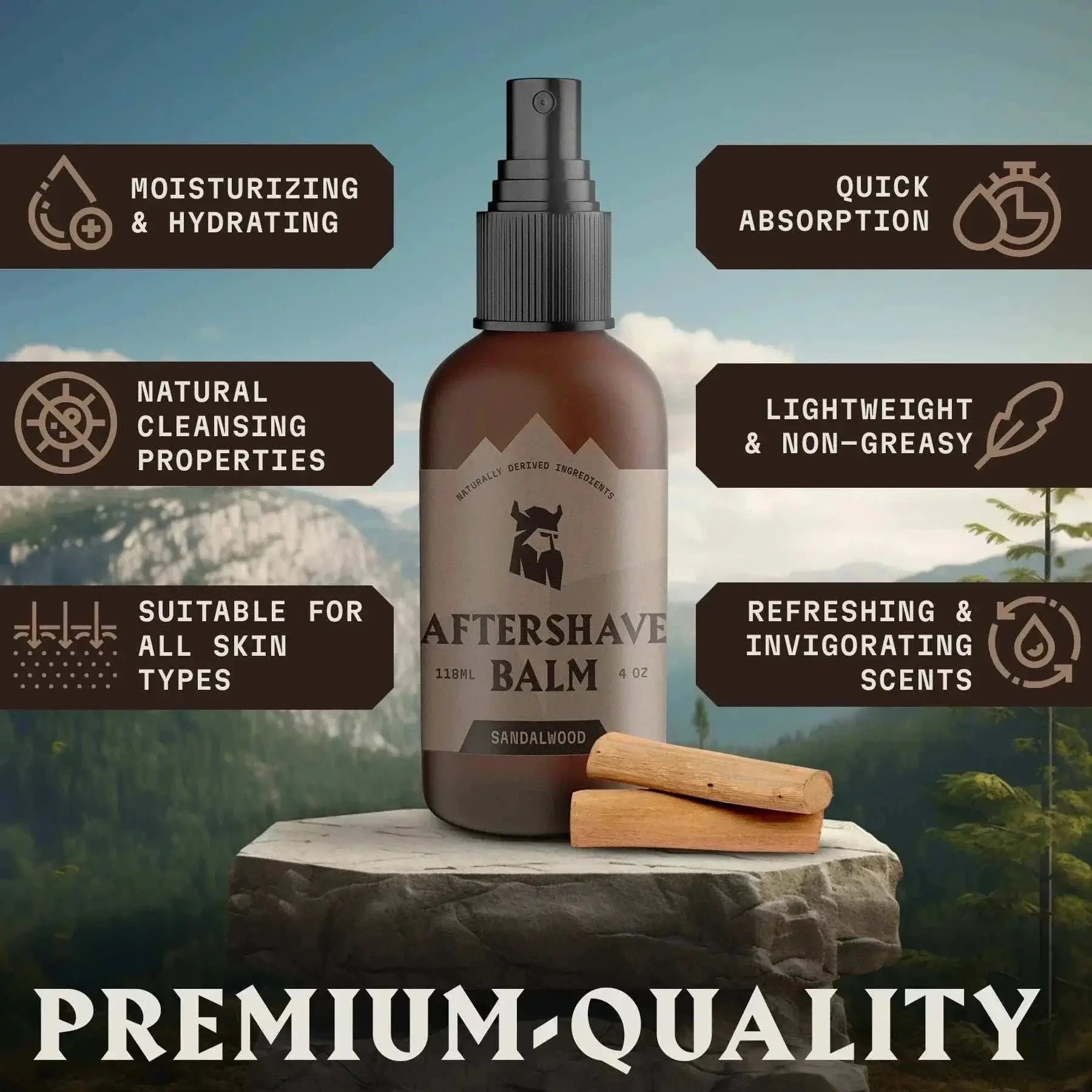 After Shave Balm for Men with Sandalwood aroma, offering moisturizing, quick absorption, and suitable for all skin types.