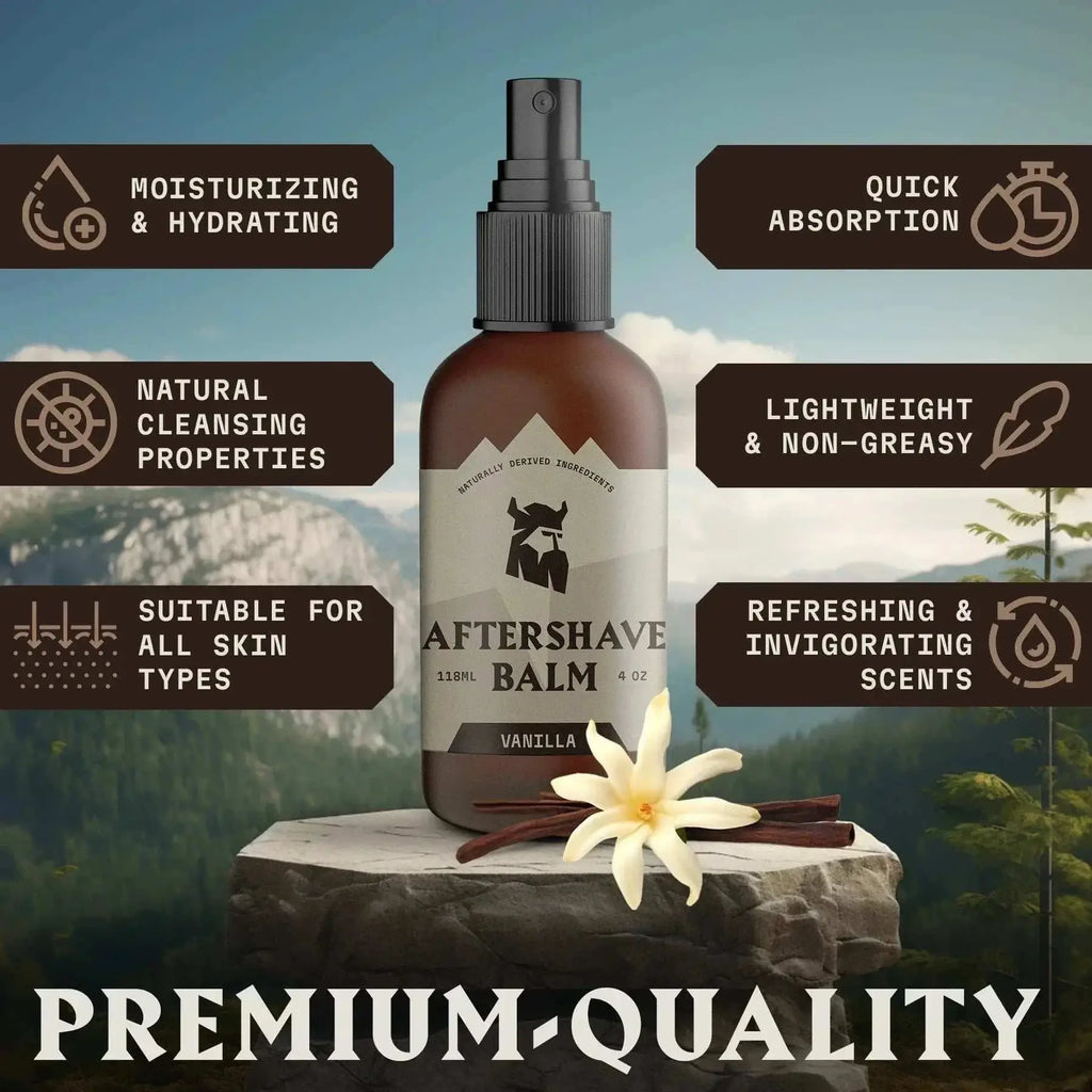 Vanilla-scented after shave balm for men, moisturizing and suitable for all skin types.