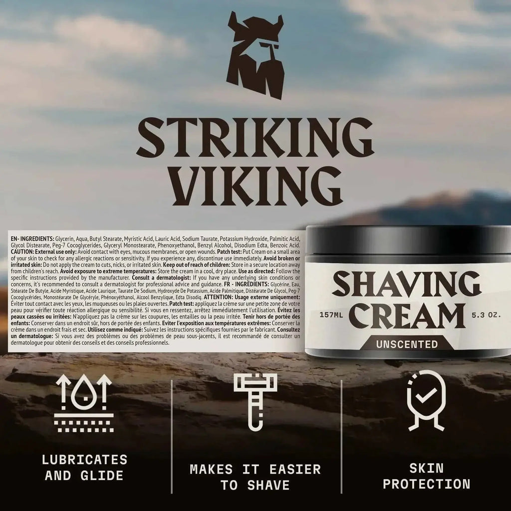 Mens shaving cream, unscented, Striking Viking, 5.3 oz tub, professional-grade, sensitive skin formula, smooth shave, moisturizing and protecting.