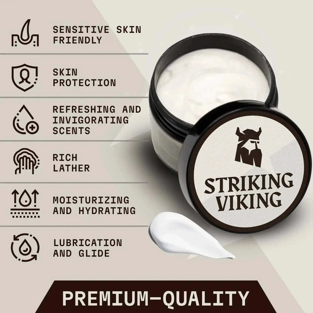 Mens shaving cream from Striking Viking, unscented, sensitive skin friendly, premium quality.