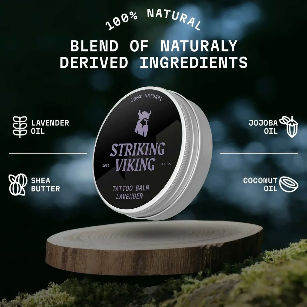 Tattoo Balm Lavender by Striking Viking with natural ingredients, including lavender, shea butter, and jojoba oil for tattoo care.