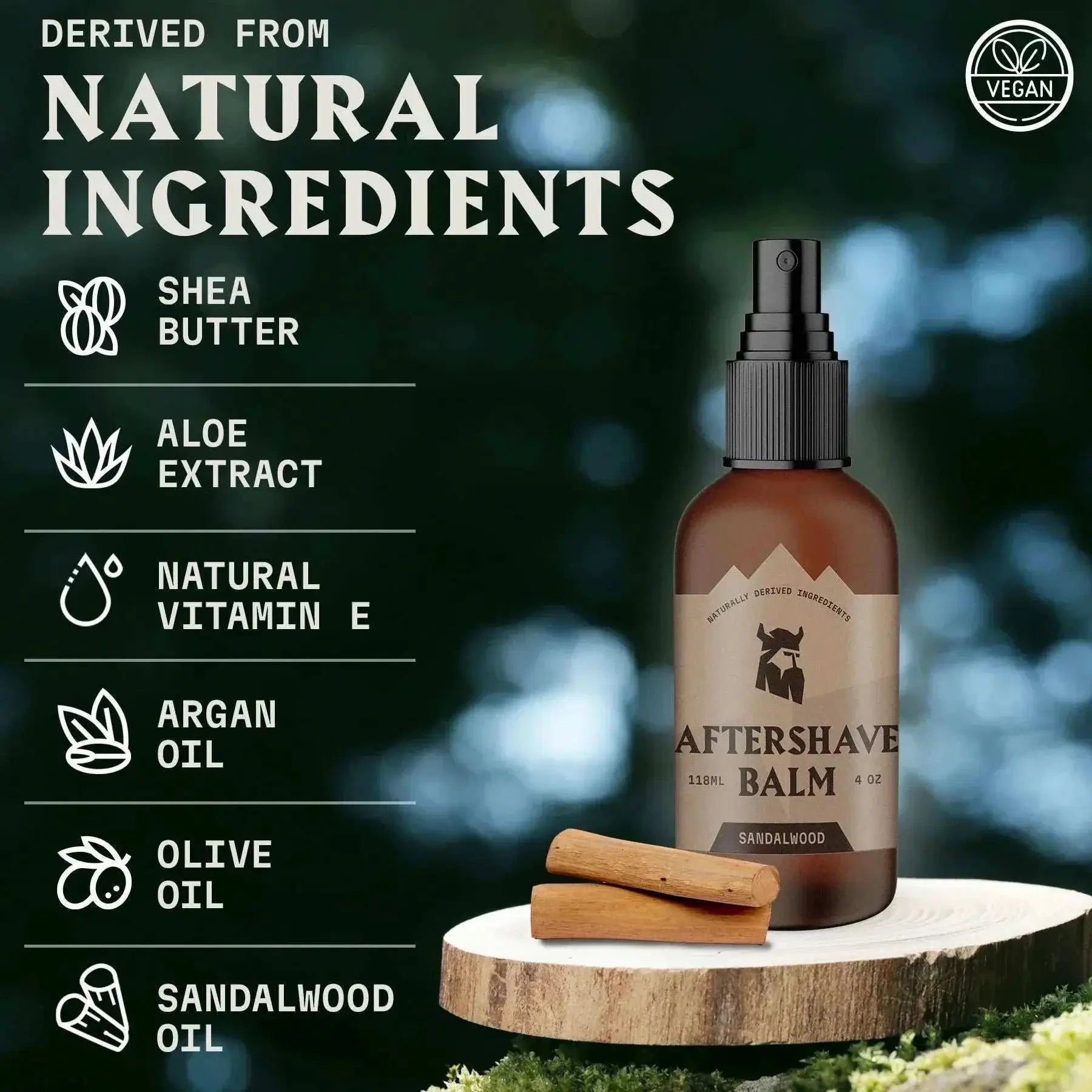 After Shave Balm for Men with Sandalwood, featuring natural ingredients like shea butter, aloe, vitamin E, argan oil, olive oil; vegan and organic formulation.