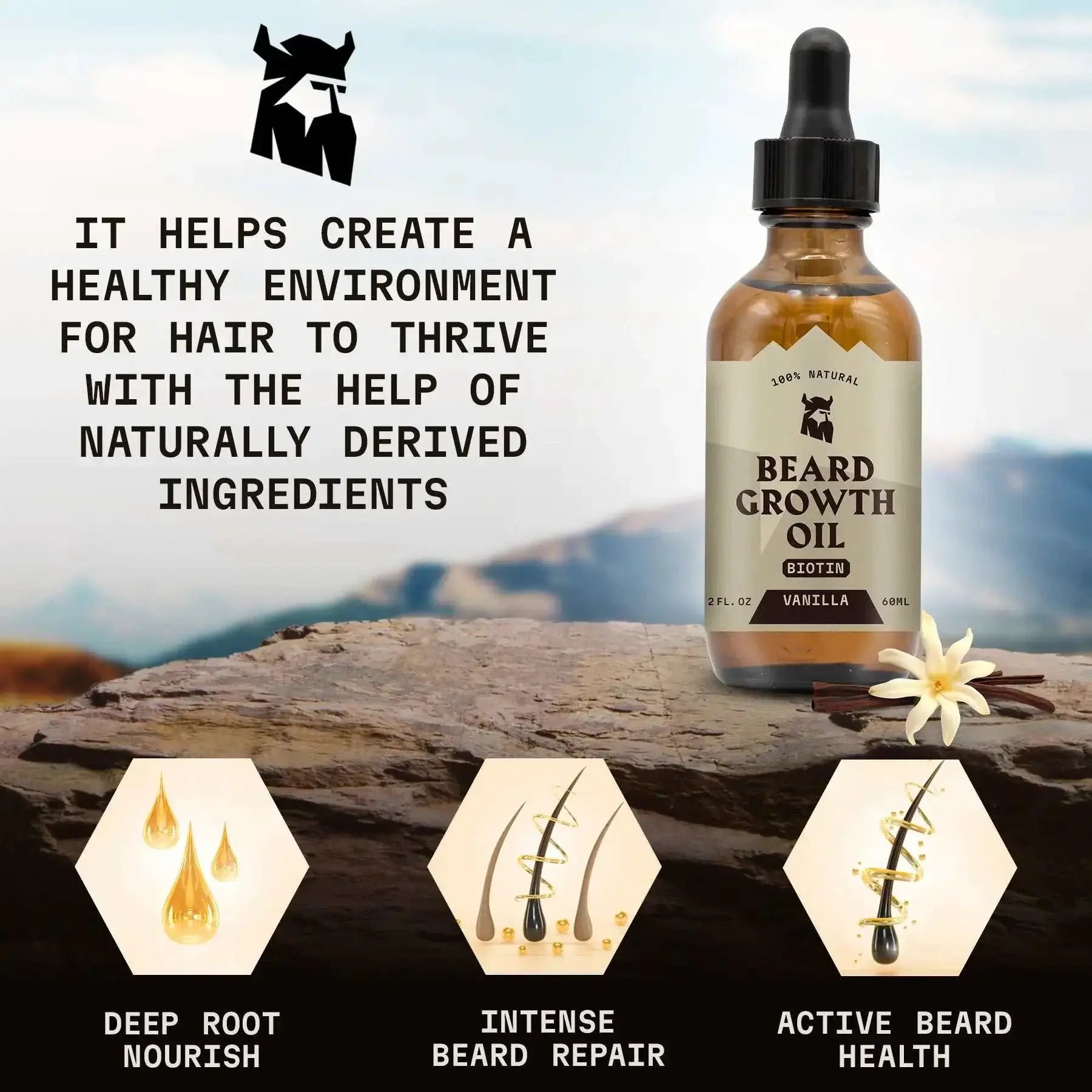 Beard Growth Oil for Men with Vanilla scent and biotin for thicker, fuller beard.