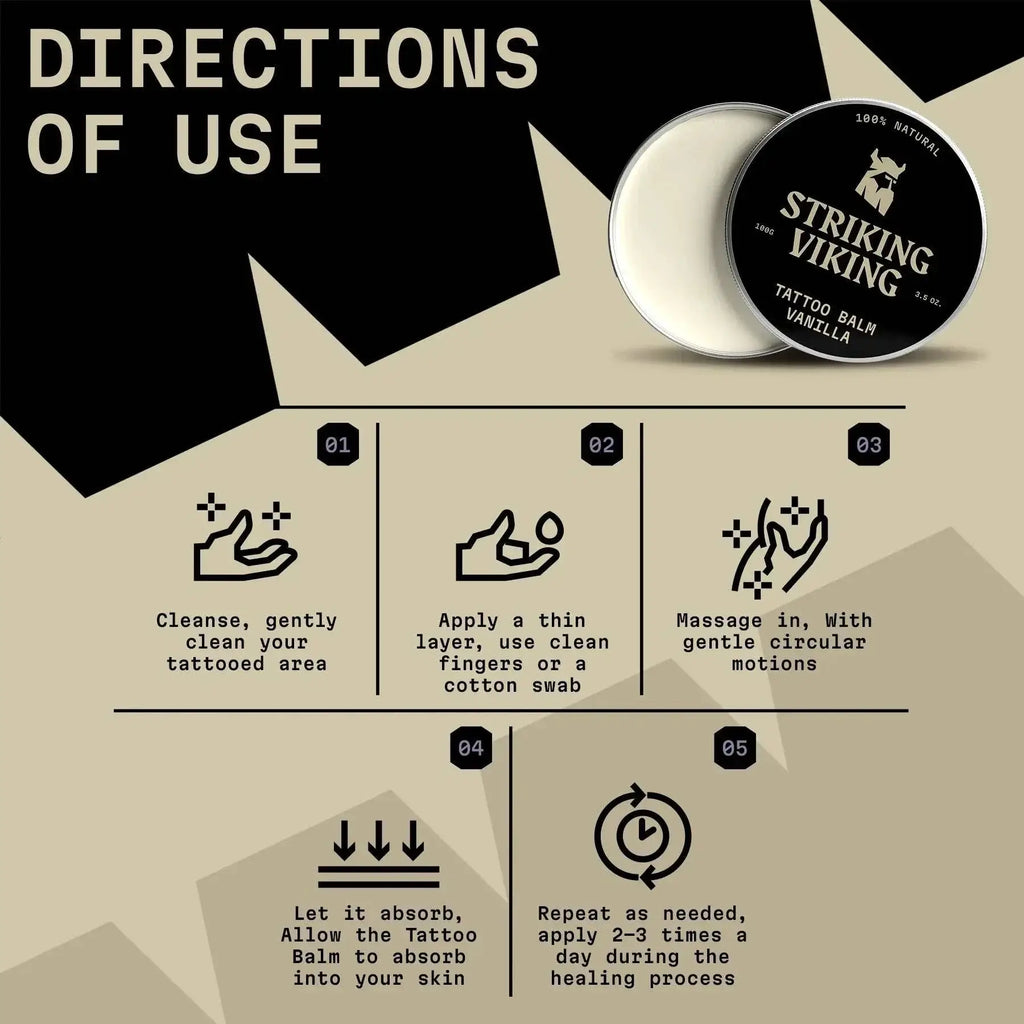 Striking Viking Vanilla Tattoo Balm with directions for use and product image.