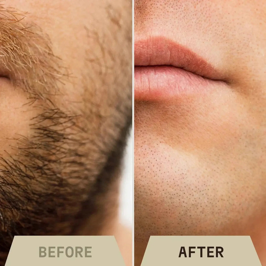 Before and after using Striking Viking Vanilla After Shave Balm for Men, showcasing smoother, revitalized skin.