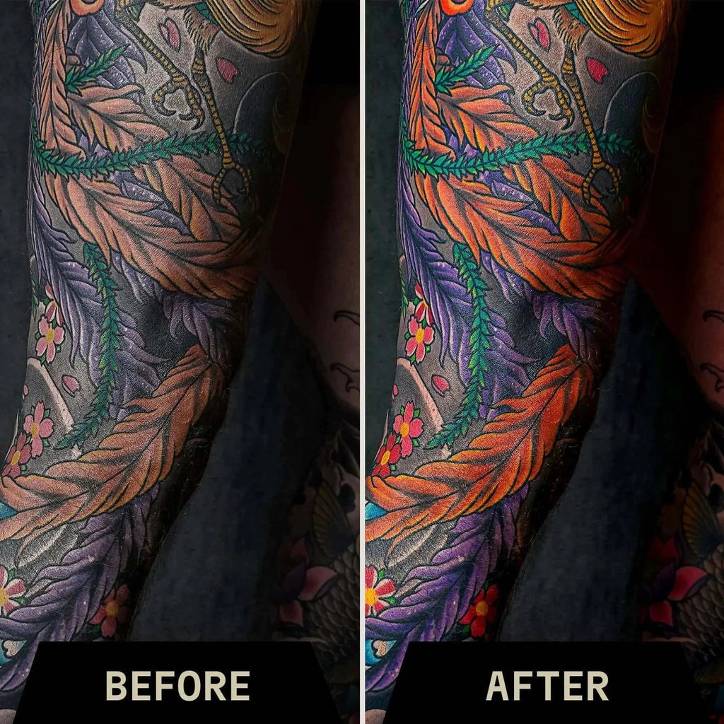 Tattoo comparison showing vibrancy before and after using vanilla tattoo balm.