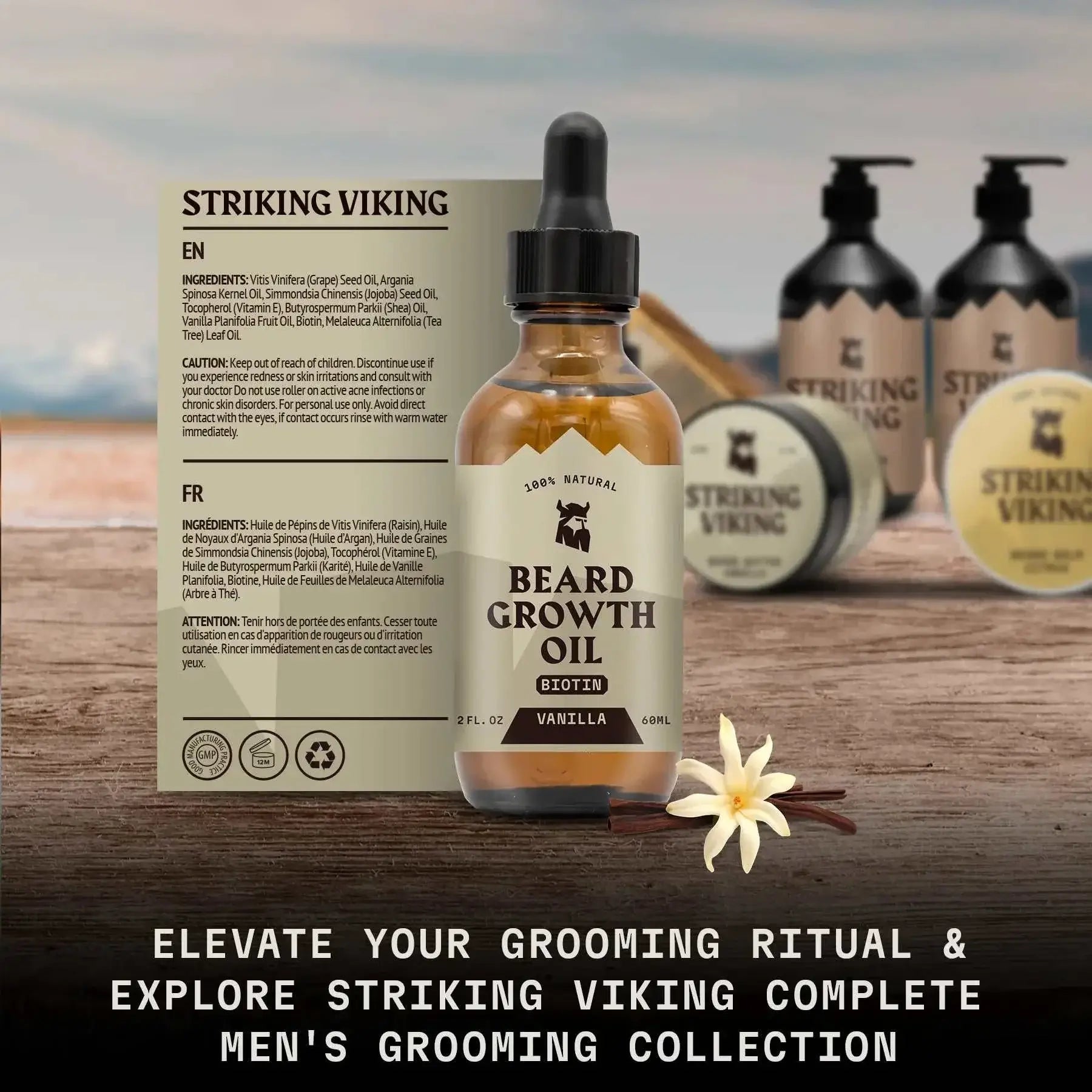 Beard Growth Oil for Men with Vanilla scent, promotes fuller, thicker facial hair with biotin and castor oil, deeply nourishing and conditioning.