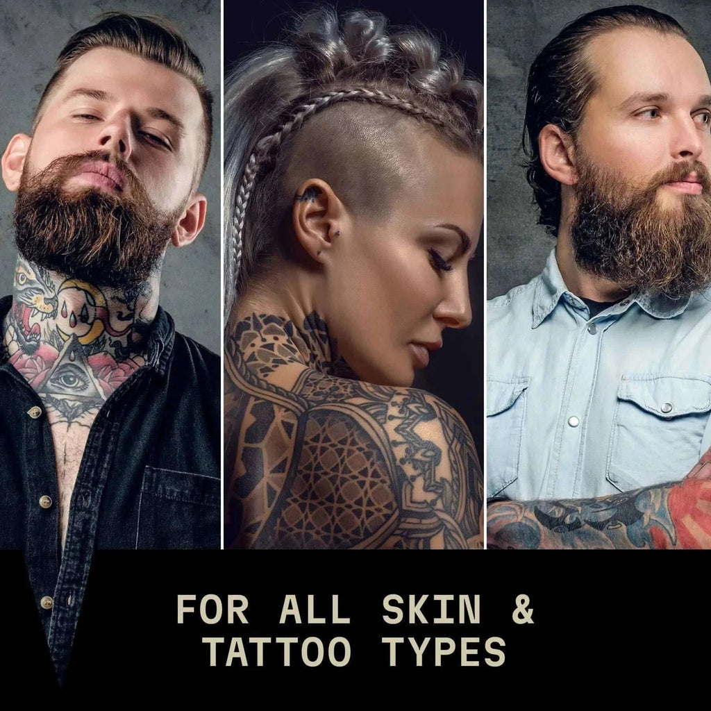 Tattooed individuals showcasing vibrant ink with the phrase "For All Skin & Tattoo Types" related to Striking Viking Vanilla Tattoo Balm.