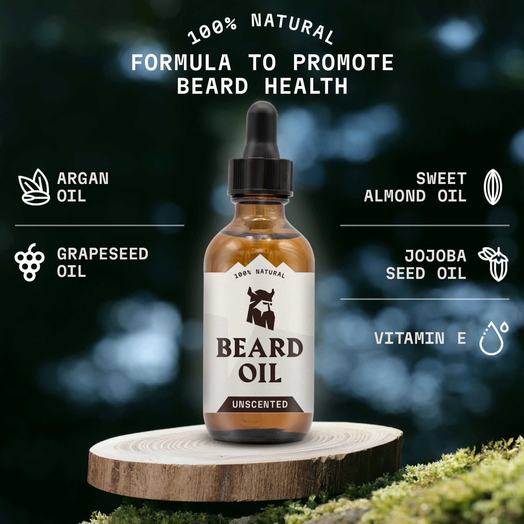 Beard Oil Unscented bottle with natural ingredients like argan oil, jojoba seed oil, and vitamin E for healthy beard care.