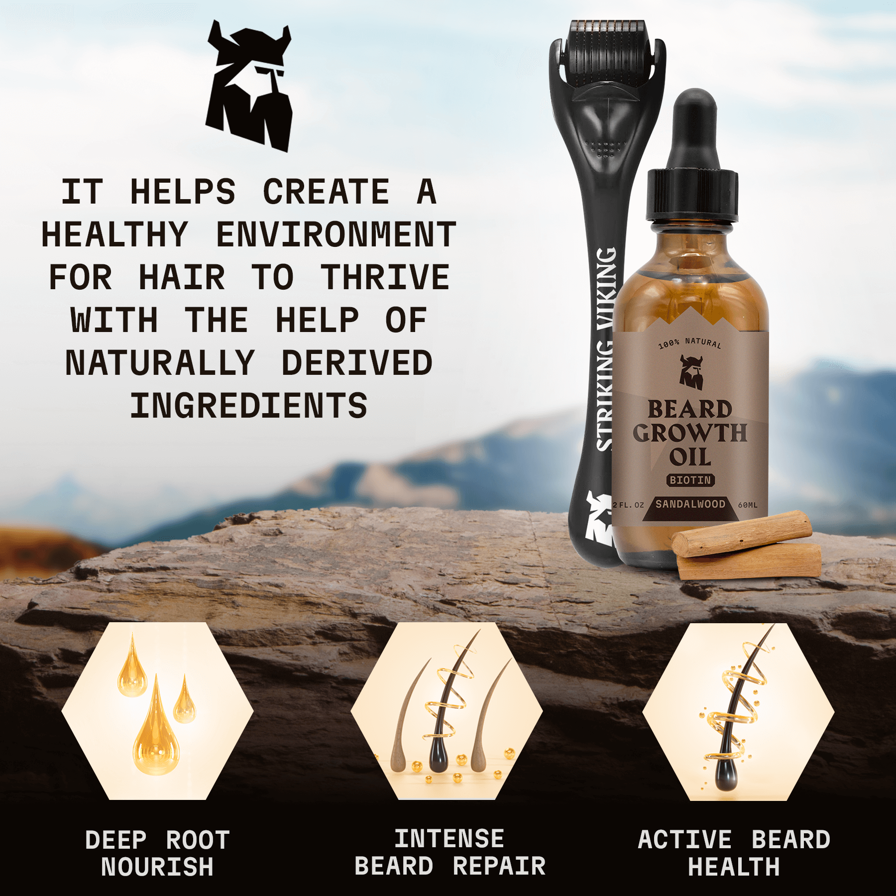 Beard Growth Kit with Sandalwood scent, featuring beard roller and growth oil, for fuller, thicker beard.
