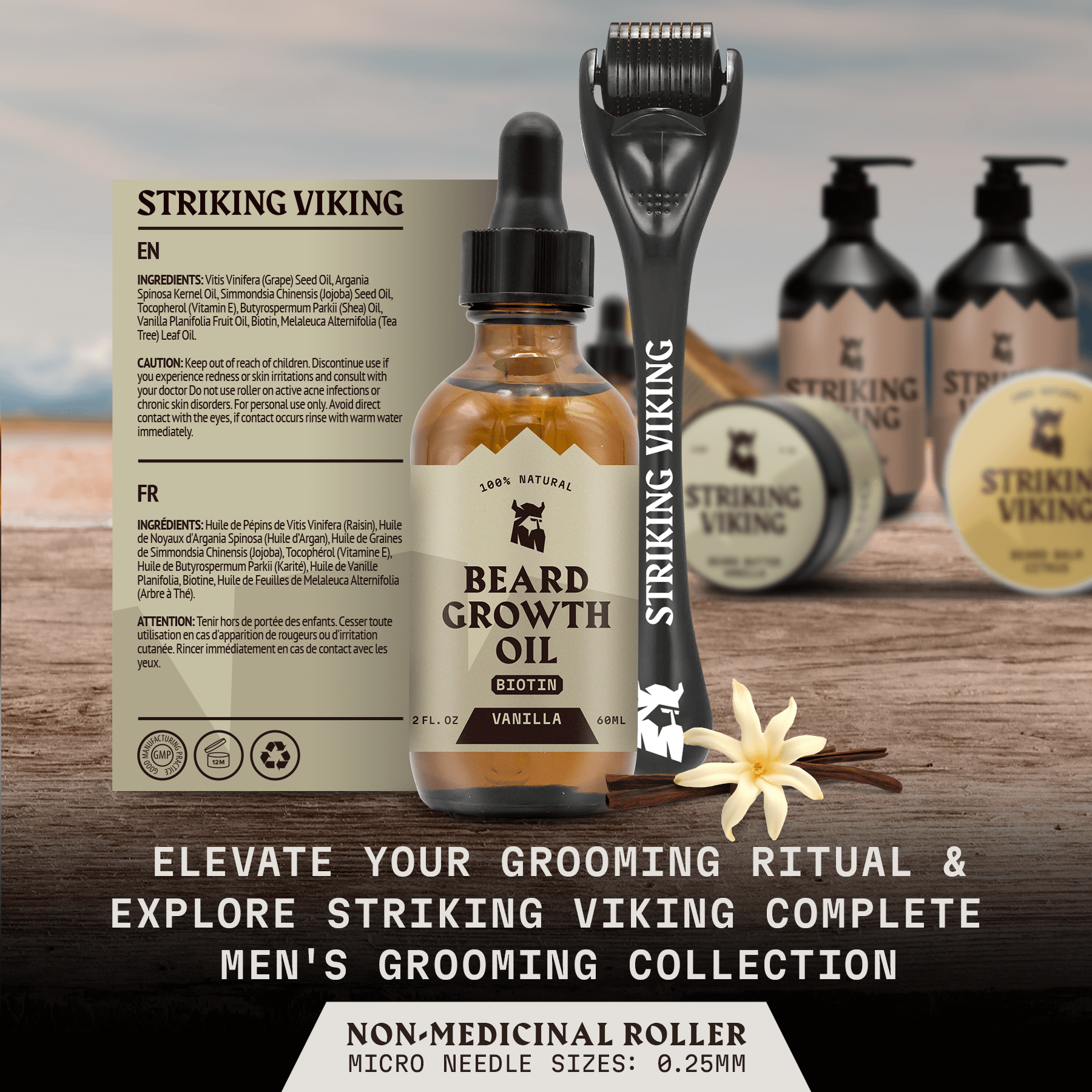 Beard Growth Kit with Vanilla Scented Oil and Roller for Thicker Beard