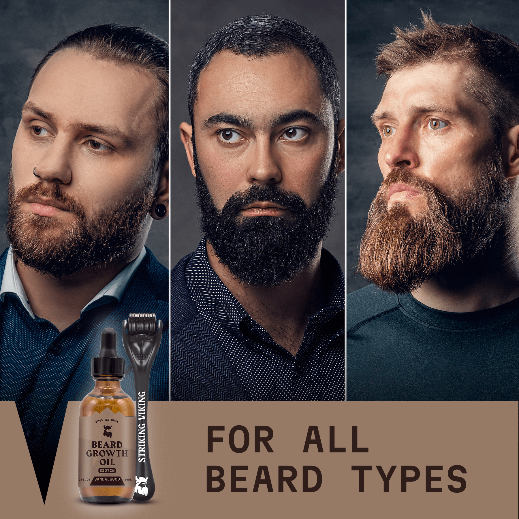 Beard Growth Kit for All Beard Types with Sandalwood Scent, including Beard Growth Oil and Roller for Thicker Beard.