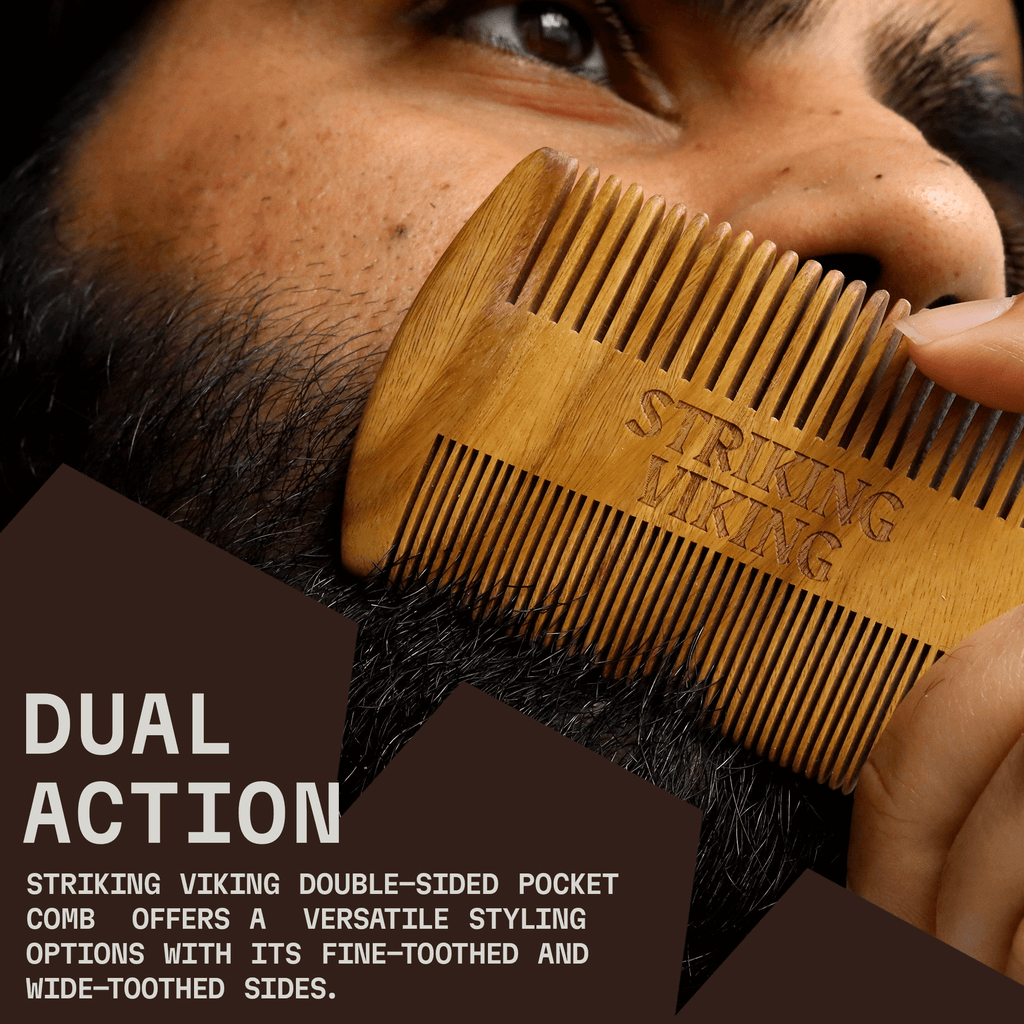 Sandalwood wooden beard comb with dual-sided teeth in close-up use.