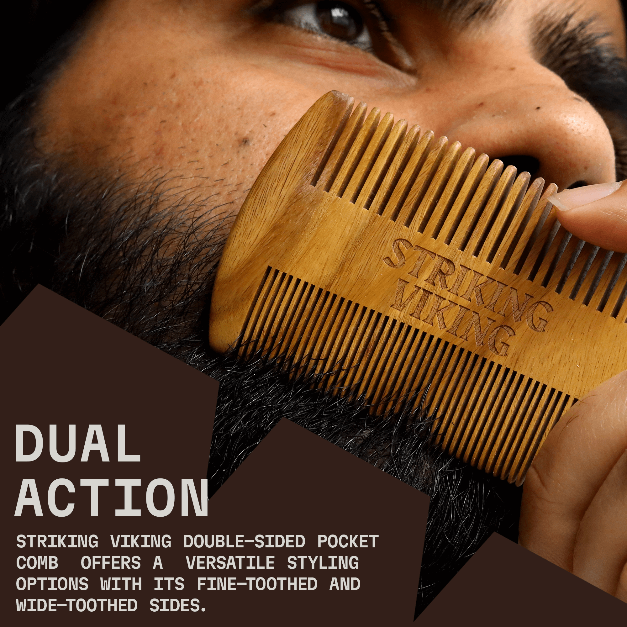 Sandalwood wooden beard comb with dual-sided teeth in close-up use.