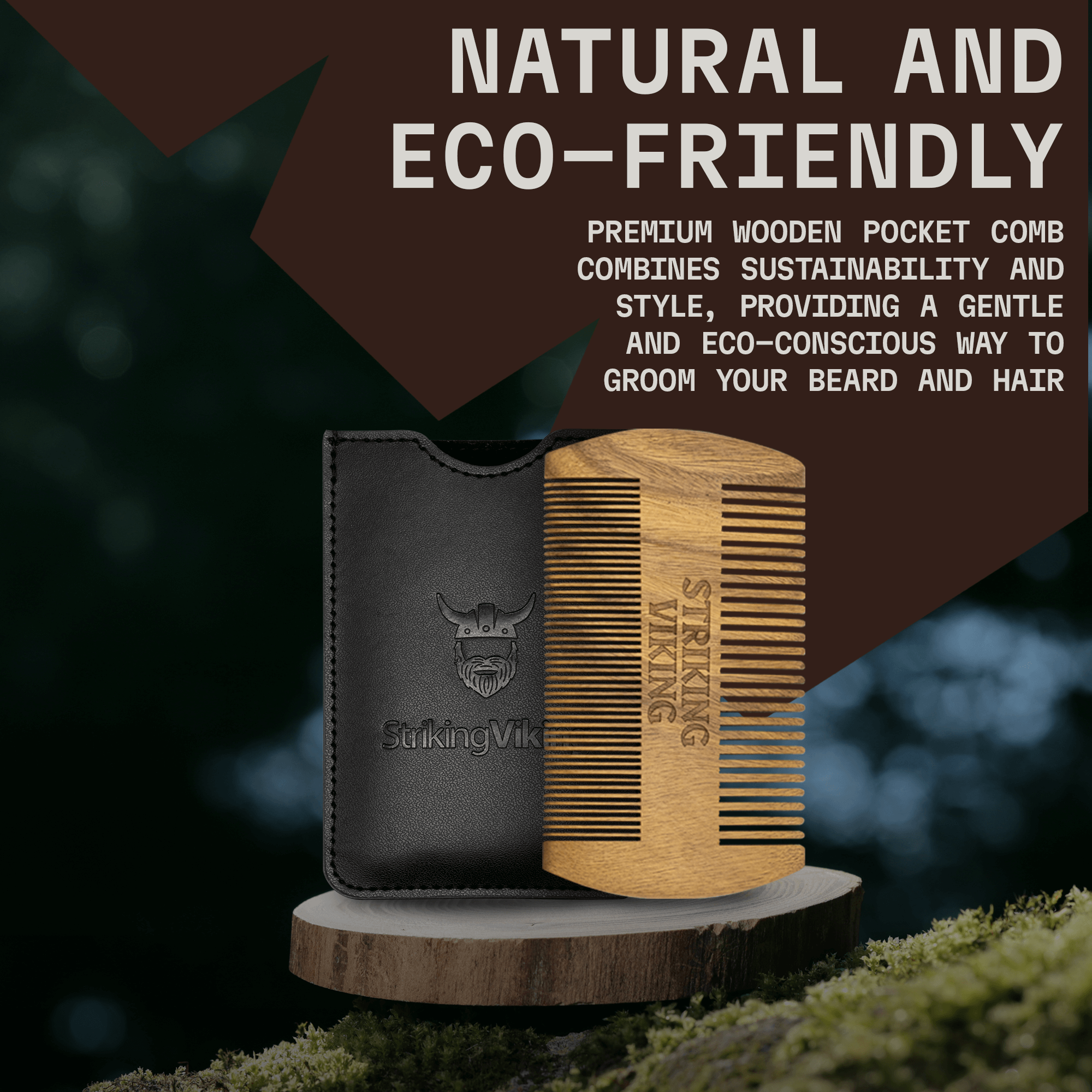 Sandalwood Wooden Beard Comb Black with protective case on a wooden stand, eco-friendly grooming accessory.