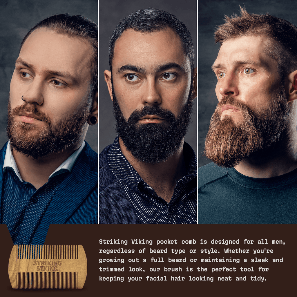 Sandalwood wooden beard comb in use by three men with full beards, highlighting its dual-sided design and natural texture.