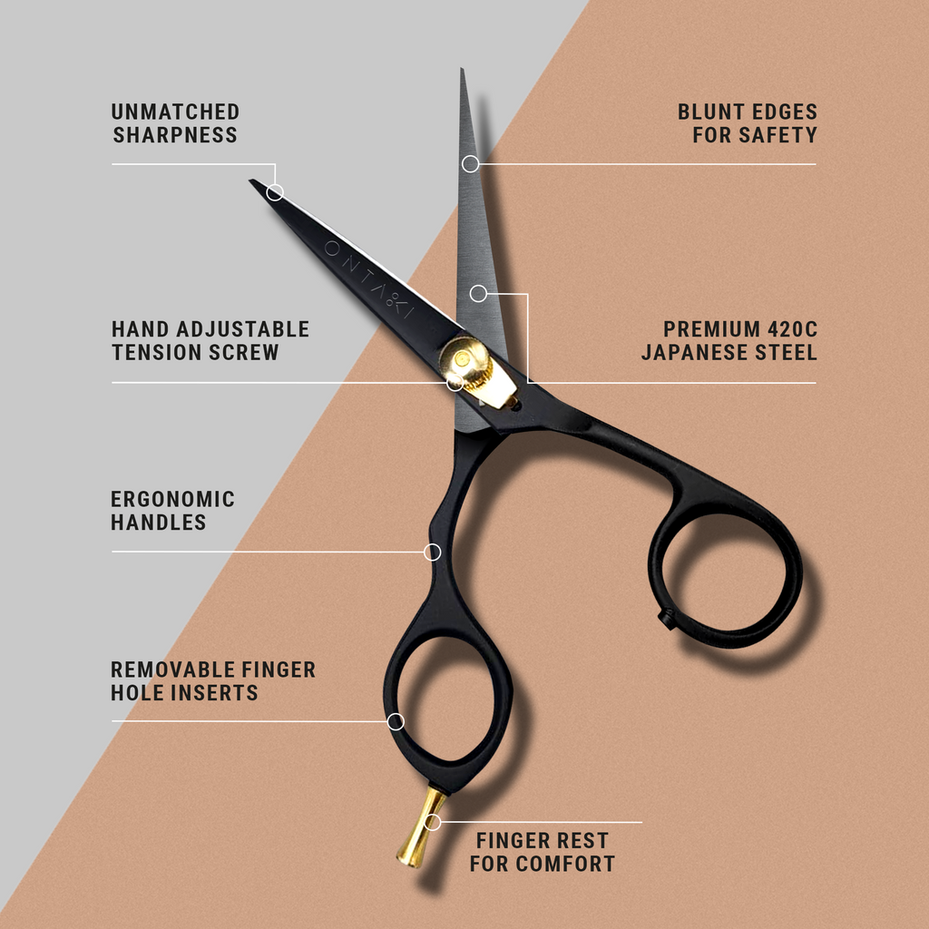 Japanese Steel Beard & Mustache Scissors (5.5") - Ergonomic Design, Black, Left Handed