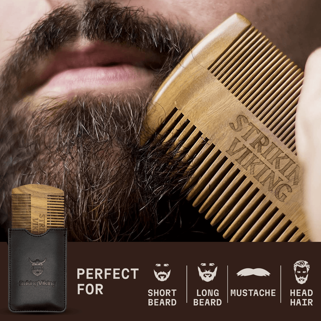Sandalwood wooden beard comb with black carrying case, dual-sided fine and coarse teeth, perfect for grooming.