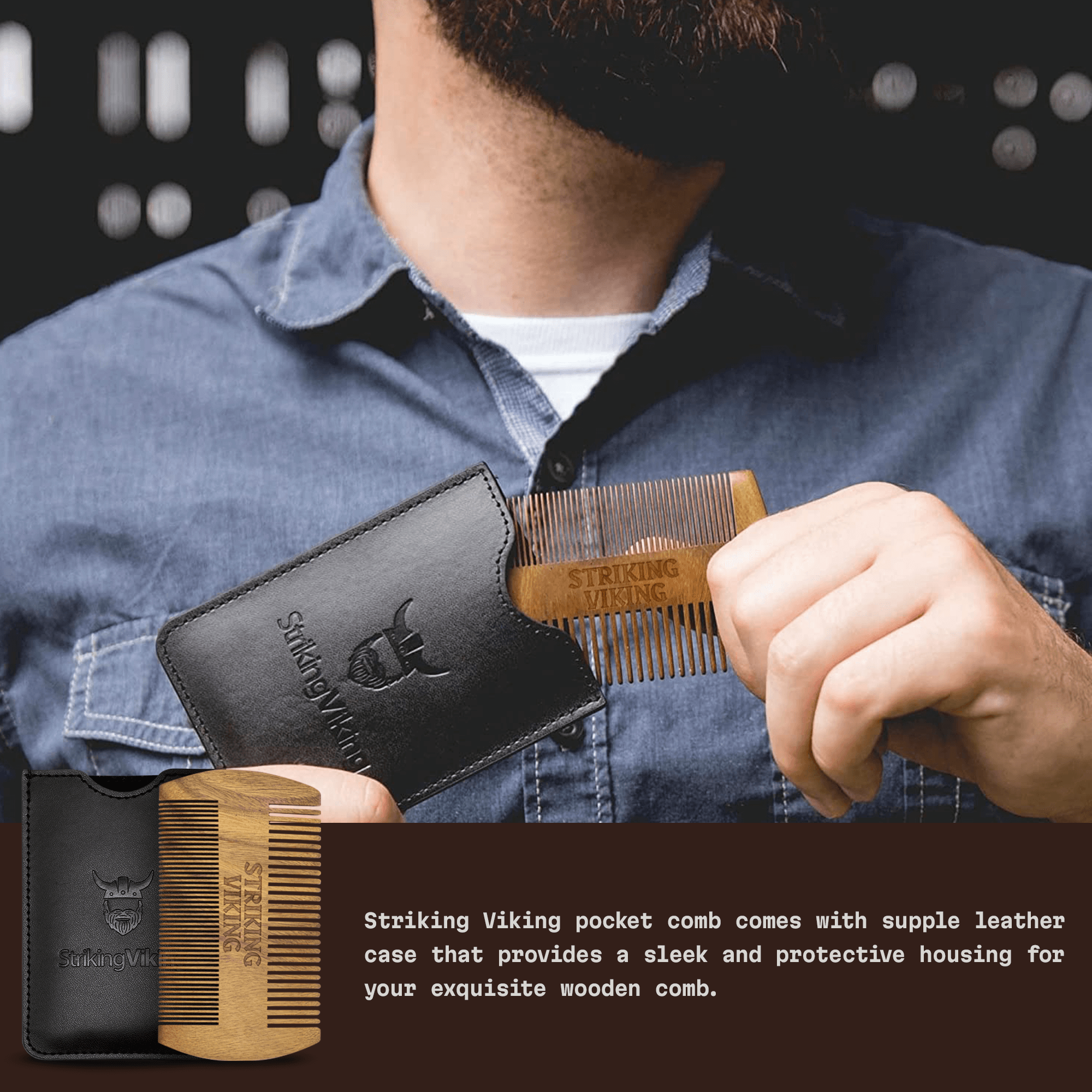 Sandalwood wooden beard comb with black carry case, dual-sided fine and coarse teeth, Striking Viking brand.