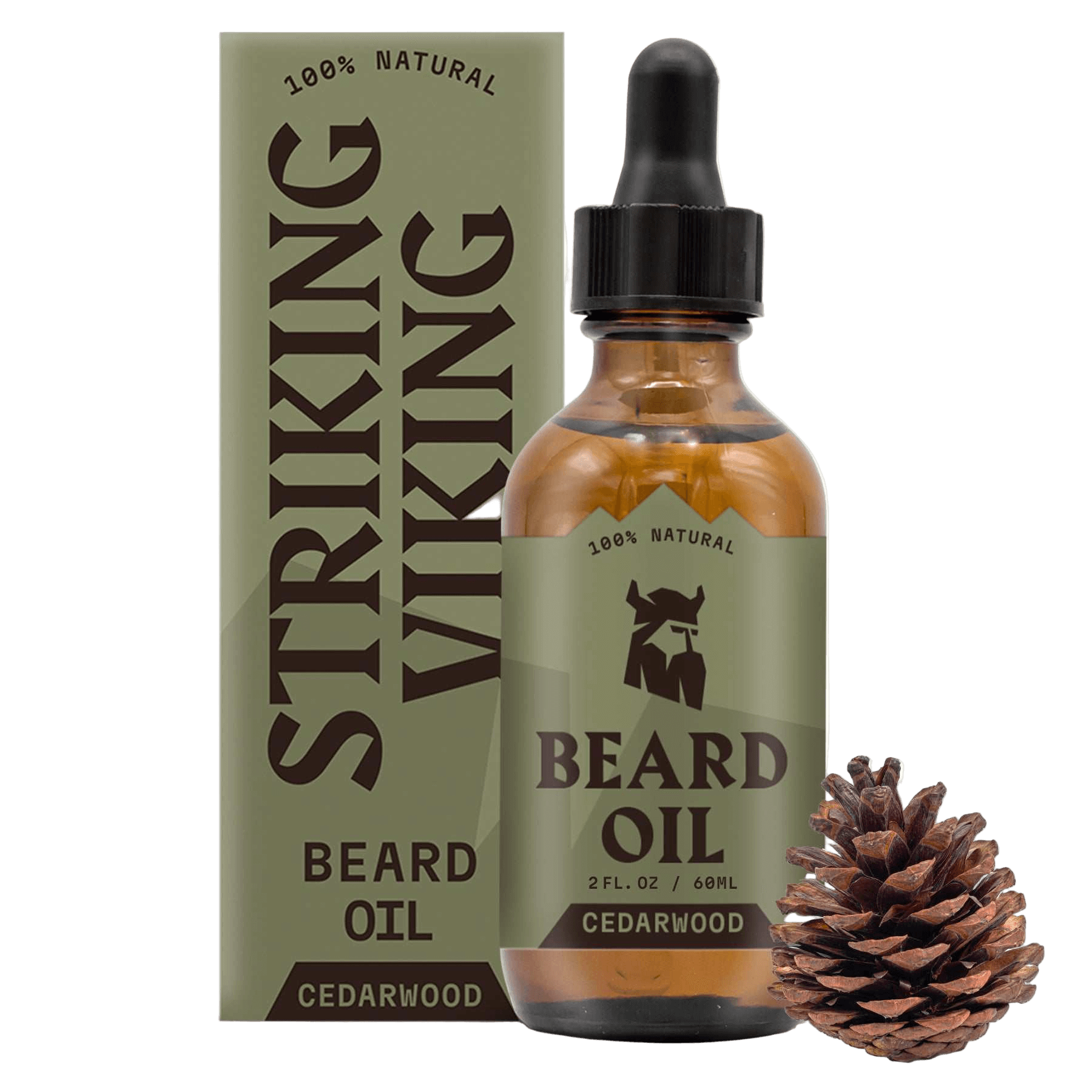 Striking Viking Cedarwood Beard Oil 2oz bottle with dropper and pine cone, all-natural organic formula for softening and moisturizing beard