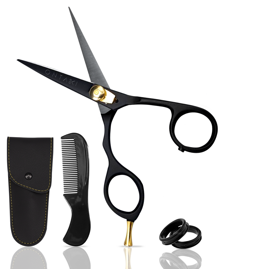 Japanese Steel Beard & Mustache Scissors (5.5") - Ergonomic Design, Black, Left Handed